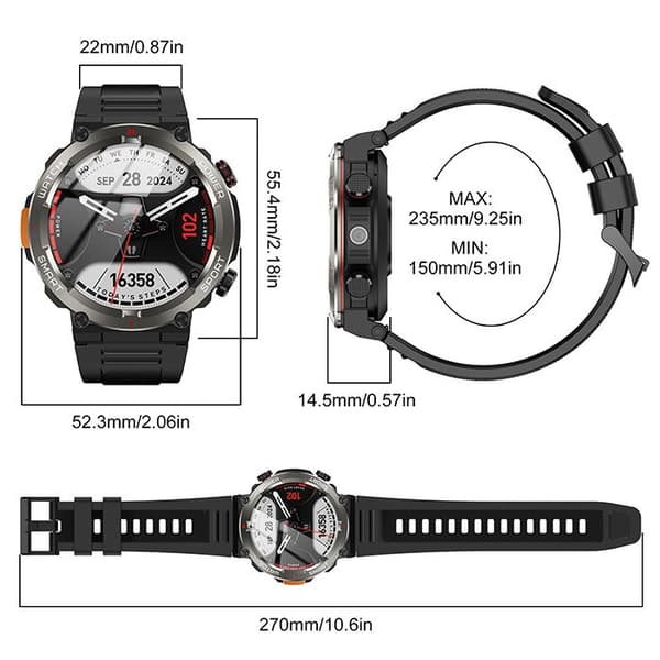 Blackview W50 Pro Bluetooth Smartwatch 960mAh Stötsäker, 1.45" Klocka med LED-ficklampa - Svart