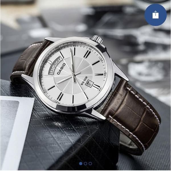 Casio Herrklocka med silverfärgad urtavla - Datumvisning för dagar/månader - Brunt läderarmband - MTP-1381L-7AVDF