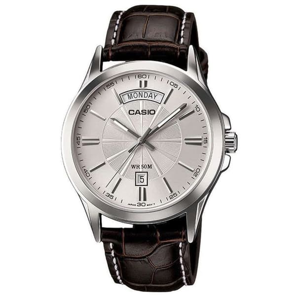 Casio Herrklocka med silverfärgad urtavla - Datumvisning för dagar/månader - Brunt läderarmband - MTP-1381L-7AVDF