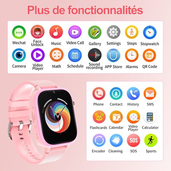 K IKIDO Smartwatch Barn, Smart klocka med SOS, Musik, Videosamtal, GPS, bakgrundsbilder, vattentålig IP67, Rosa