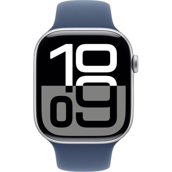 Apple Watch Series 10 GPS + Cellular - 46 mm - Sølvfarvet aluminiumskasse - Denim sportsrem - M/L
