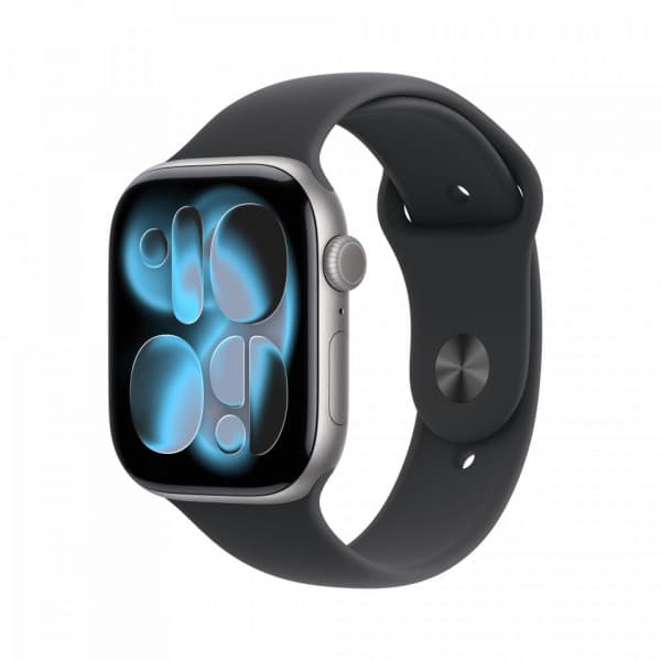 Apple Watch Series 11 (GPS) 46 mm stjärngrå aluminiumhölje och svart sportarmband, M/L