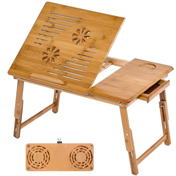 Laptopställ i trä 55 x 35 x 26 cm justerbar med 2 USB-fläktar - brun