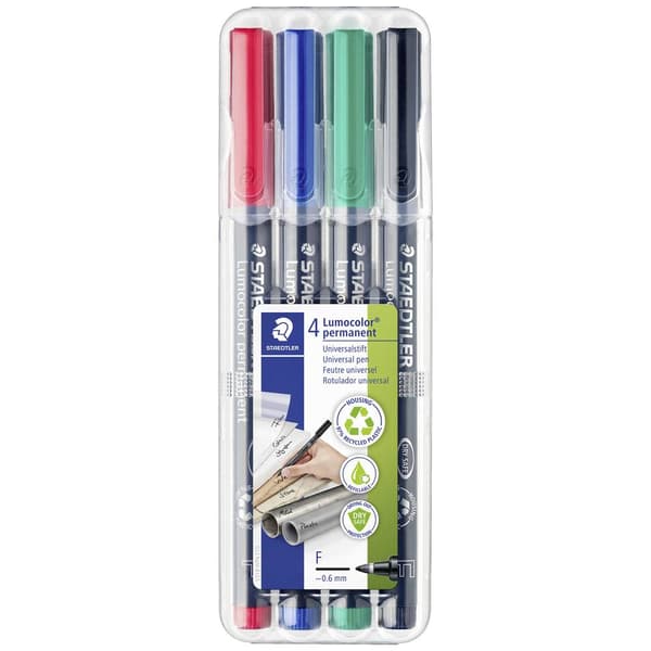Staedtler Lumocolor permanent F DRY SAFE 318 WP4 Permanent bläckpenna Röd, Blå, Grön, Svart vattensäker: Ja
