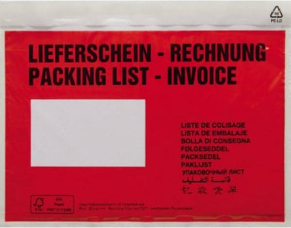 Dokumentpåse 161593100 DIN C5 Röd Lieferschein-Rechnung, mehrsprachig Självhäftande 250 st/förpackning 250 st.