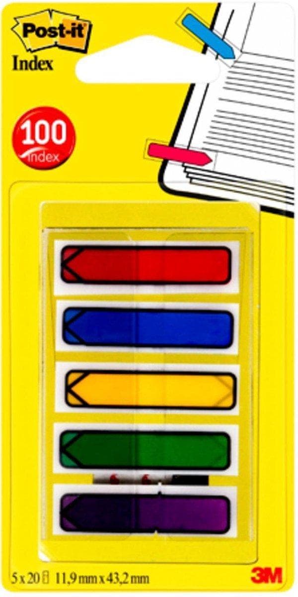 Post-it®-indeksinuolet, kannettava sarja, punainen, sininen, vihreä, keltainen, violetti, 12 x 43 mm, 20 välilehteä/väri/annostelija