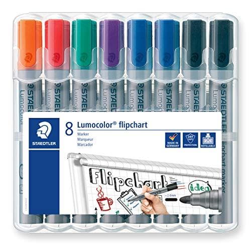 STAEDTLER Lumocolor 356 WP8X blädderblocksmarkör (rund spets ca 2 mm linjebredd, set med 8 markörer, idealisk för blädderblocksdynor, intensiv färg, l