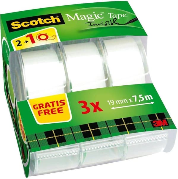 Scotch® Magic™-tejp, stretchomslag, 19 mm x 7,5 m, 2 rullar + 1 GRATIS