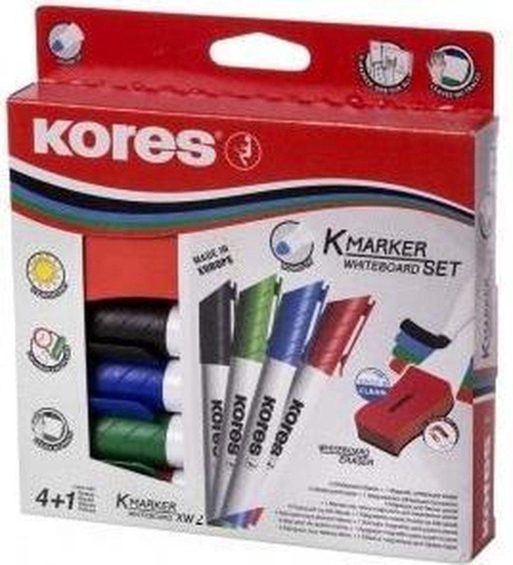 Whiteboard & flipover-markörer Kores XW2, mejselspets 3-5 mm 4 stycken och suddgummi
