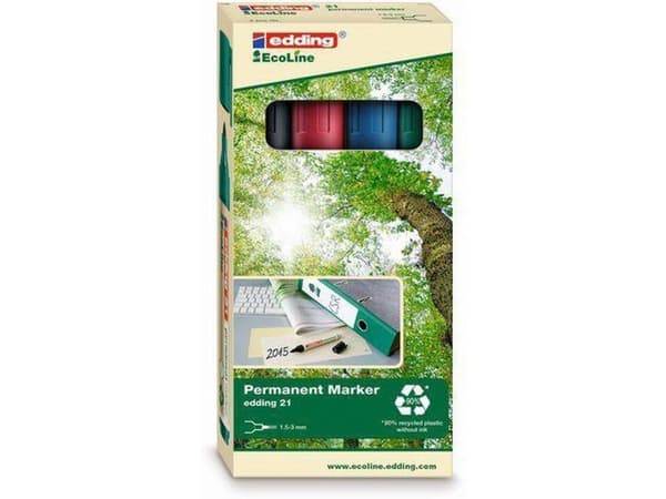 edding 21 EcoLine Permanent Marker, Rund Tip, 1,5 - 3 mm, Assorteret (pakke med 4)