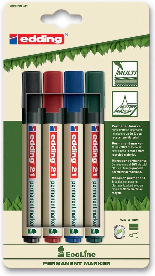 edding 21 EcoLine Permanent Marker, Rund Tip, 1,5 - 3 mm, Assorteret (pakke med 4)