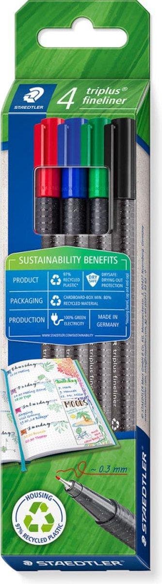 Staedtler Triplus fineliner eco, æske med 4 stk., assorteret