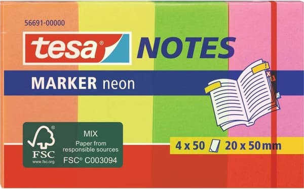 Tesa Sticky Note 56691-00000-01 20 mm X 50 mm Orange Gul Grön Rosa 200 ark