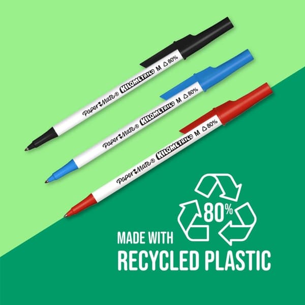 Paper Mate Kilometrico kulspetspennor | Lång skrivtid med medium spets (1,0 mm) | Svart bläck | 80 % återvunnen plast | 50 stycken