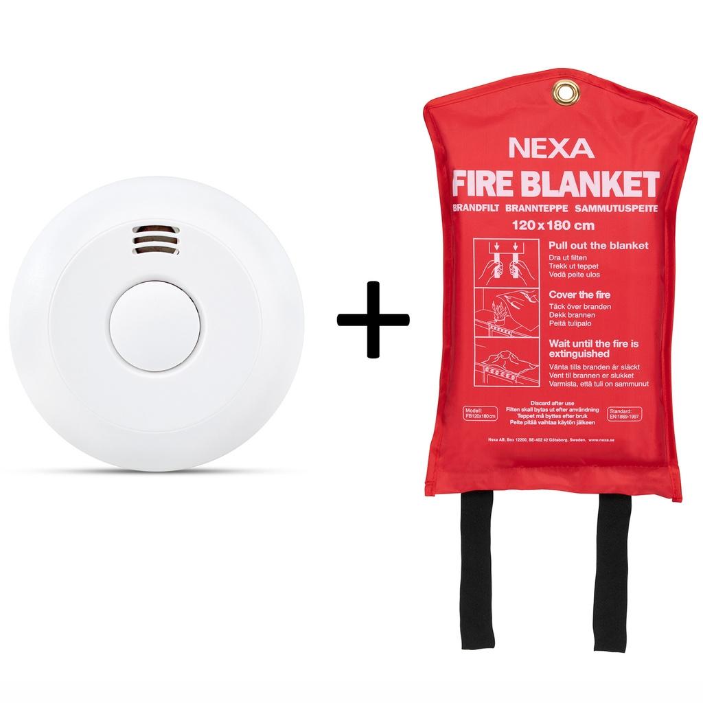Nexa Trådlös brandvarnare + Röd brandfilt 120x180