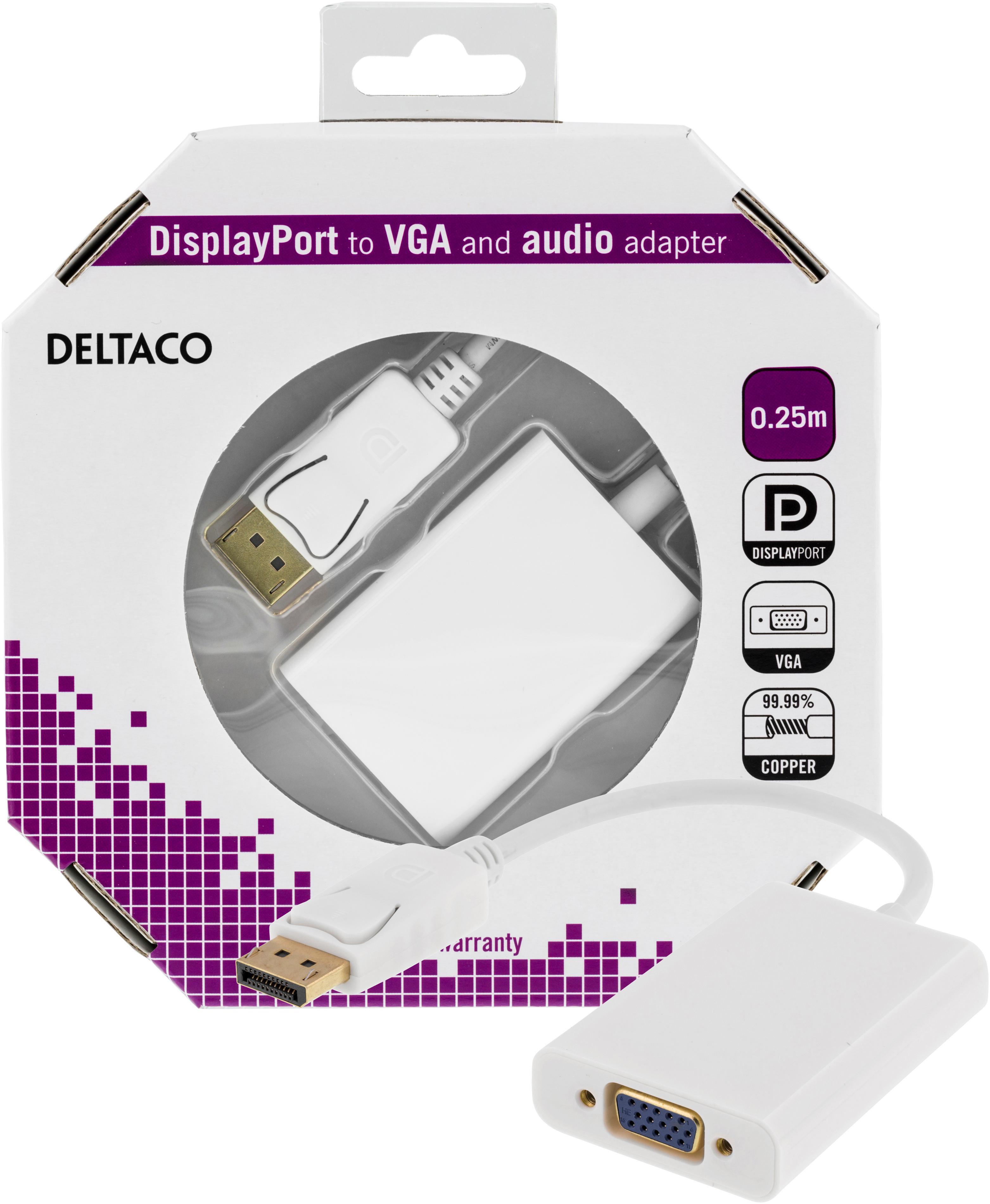 DELTACO DisplayPort til VGA-adapter med lyd, 20-pin han - 15-pin hun,