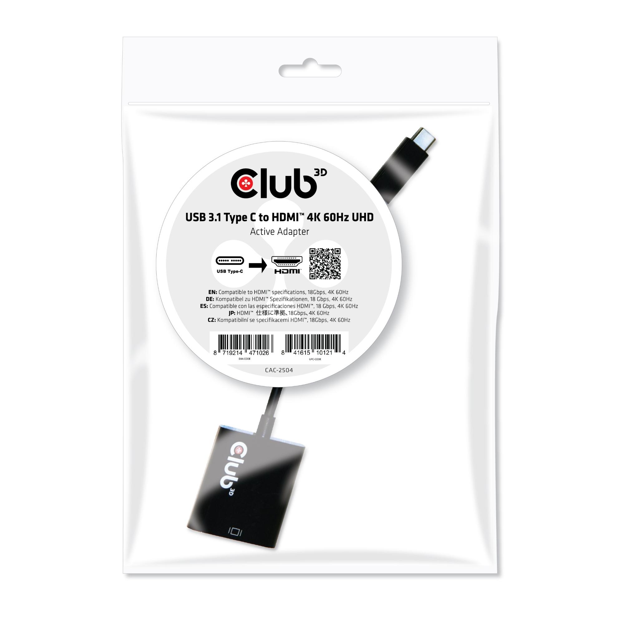 Club3D USB 3.1 C to HDMI 2.0 UHD 4K 60Hz Active Adapter