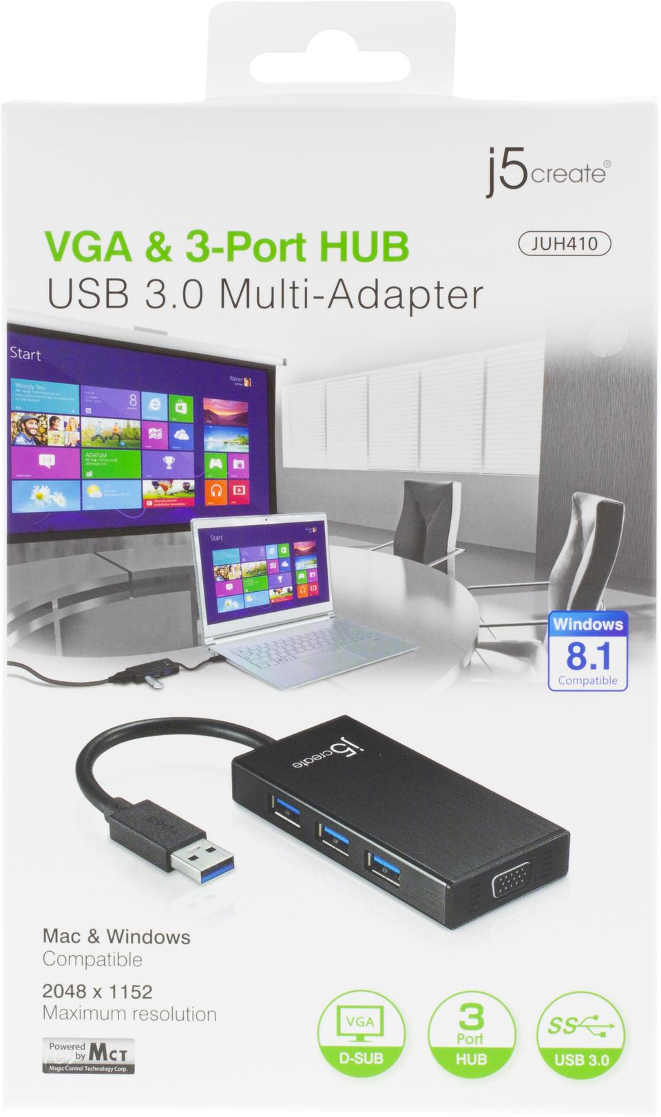 j5 create JUH410, USB 3.0 til VGA-adapter med indbygget 3-ports USB-hu