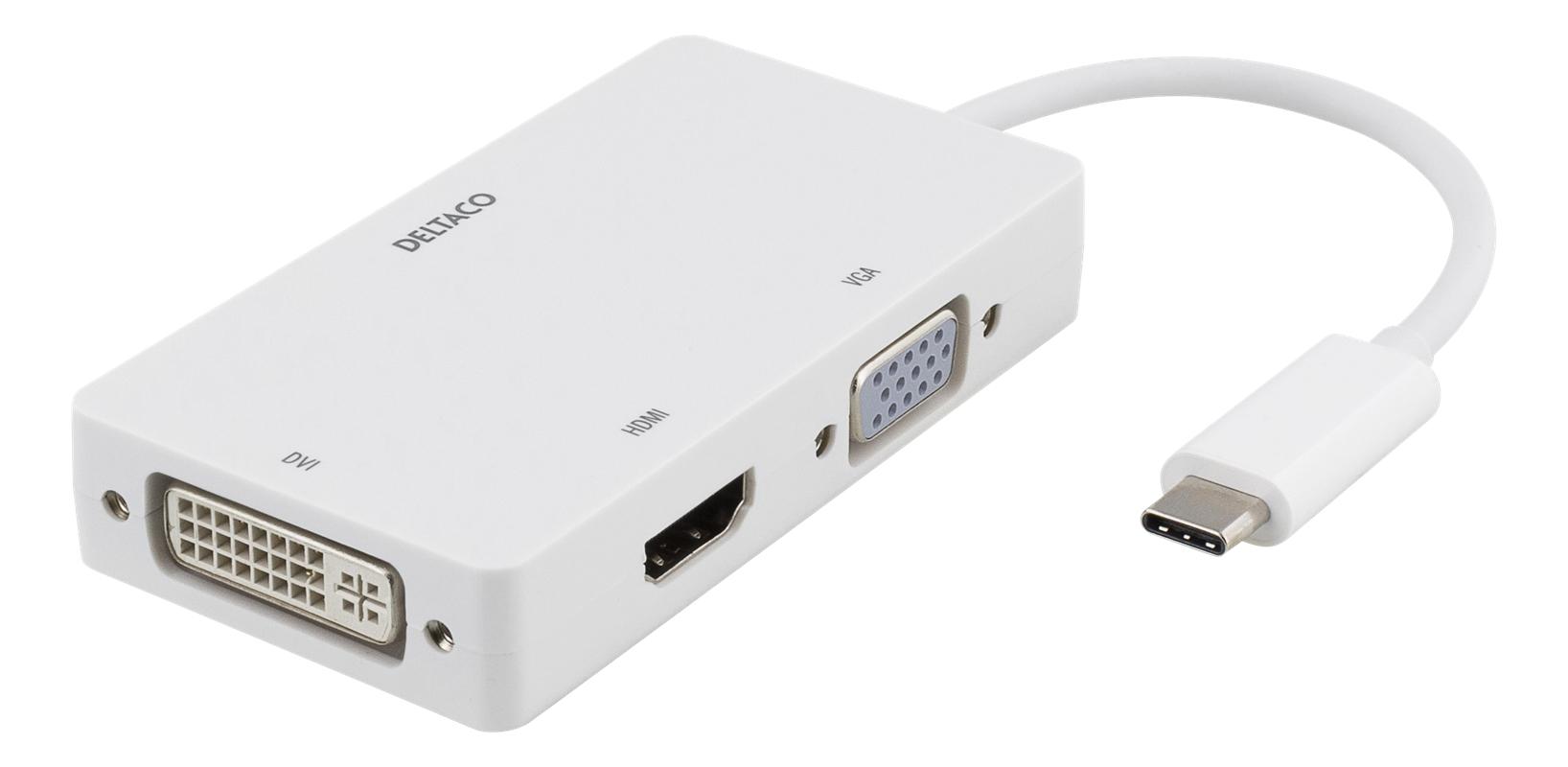 DELTACO USB-C to HDMI/DVI/VGA adapter, 4K, DP Alt Mode, white