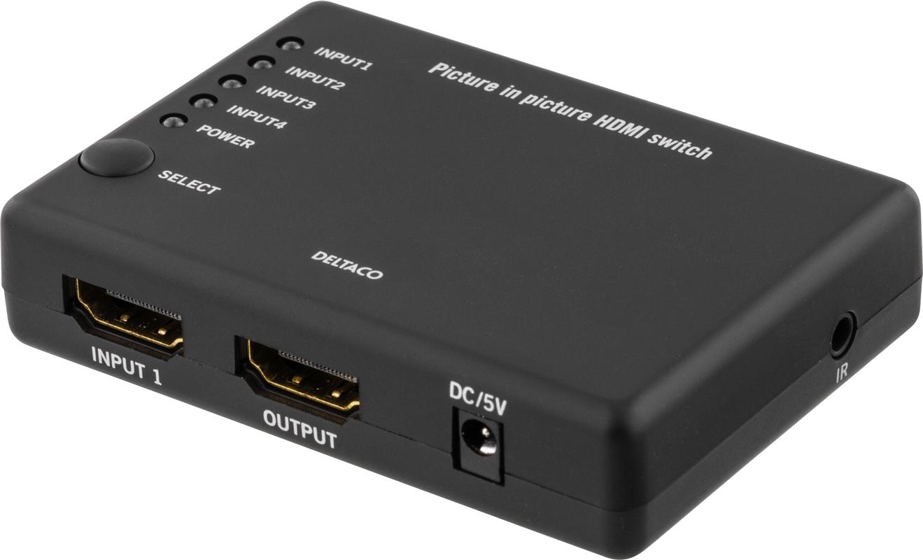 DELTACO PRIME HDMI-Switch, 4 indgange til 1 udgang, HDMI Hig Speed wit