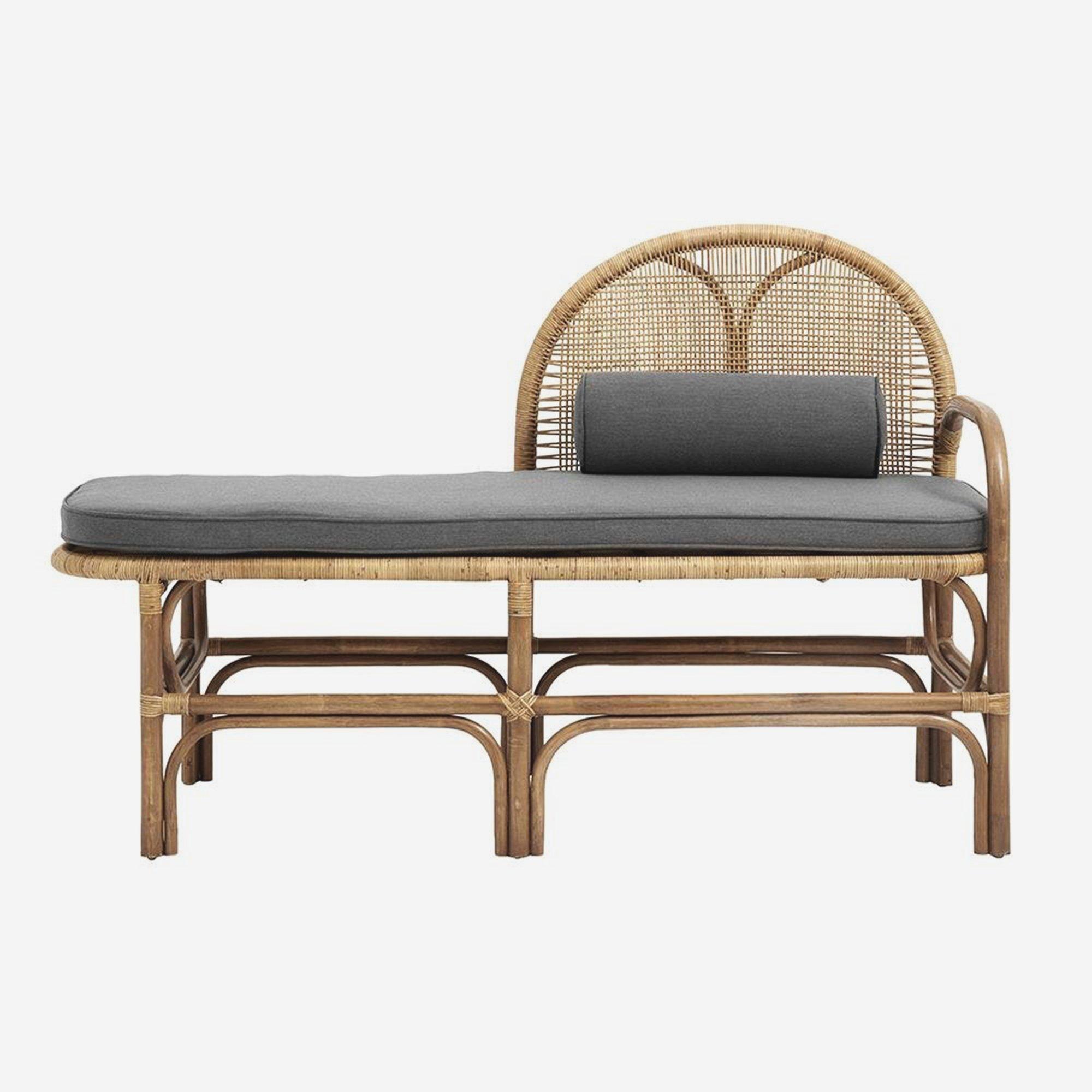 BÆNK I RATTAN MED HYNDE - L135 CM - NATUR/GRÅ