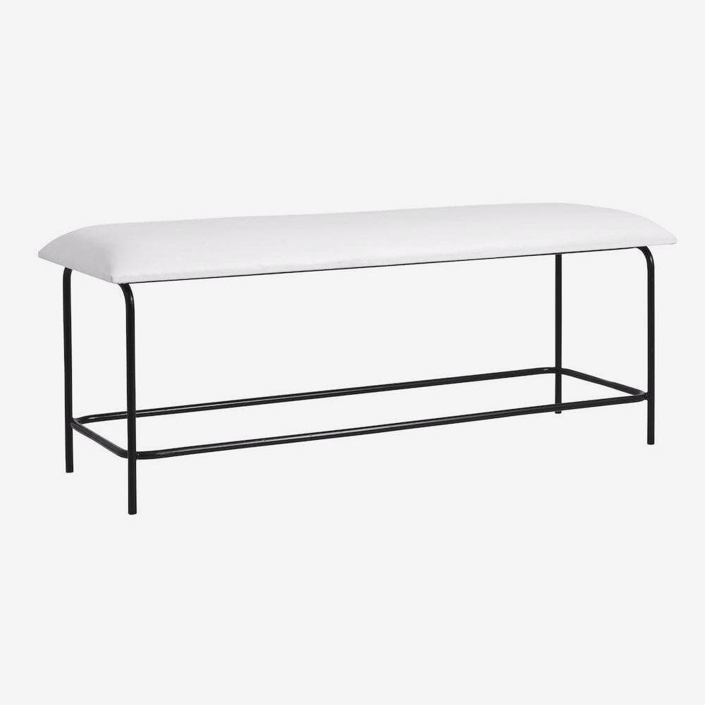 bænk i læder med jernstel - l124 cm - hvid/sort