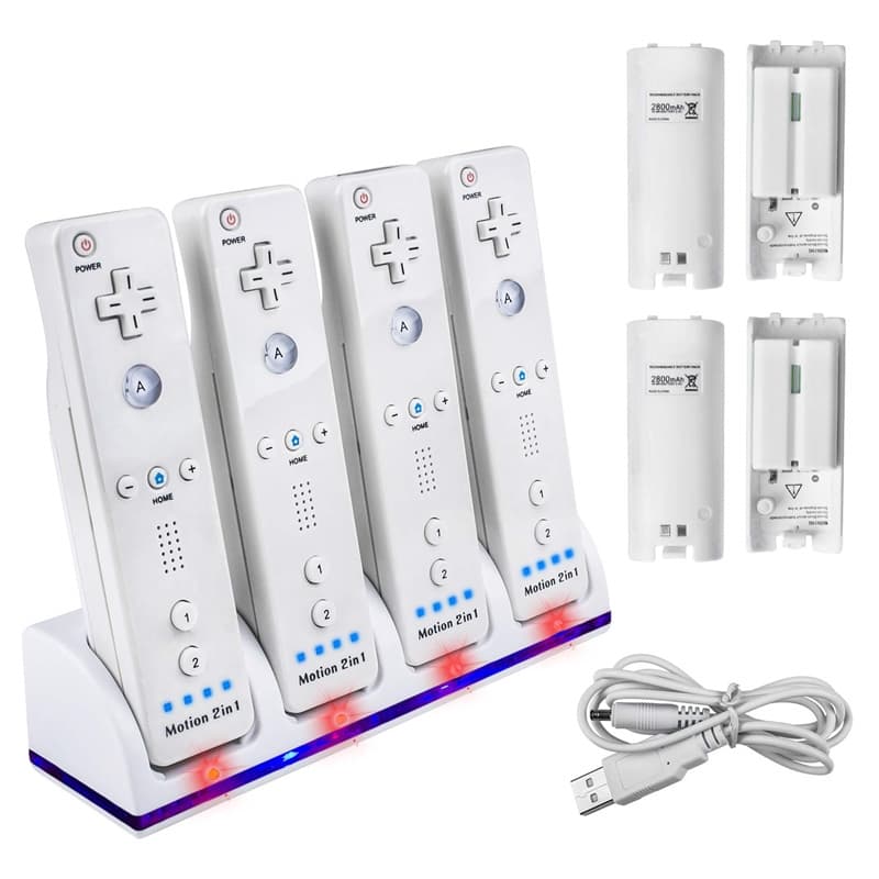 Wii Docka + 4x batteri till Nintendo Wii/Wii U-kontroll, Vit