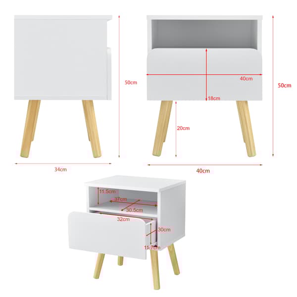 [en.casa]® Sengebord Mihle med skuffe - 50x40x34cm - spånplade/fyrretræ - hvid