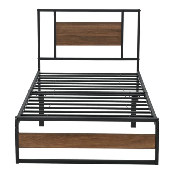 [en.casa]® Sängstomme Villach i metall-200x90cm-svart matt-pulverlackerat stål-spånskiva-träfärgade detaljer