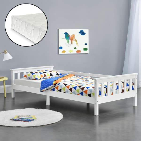 [en.casa]® Barn / Junior sängstomme Nuuk inkl. madrass och ribbotten-209x100x52cm-furu-vit-max.belastning: 100 kg