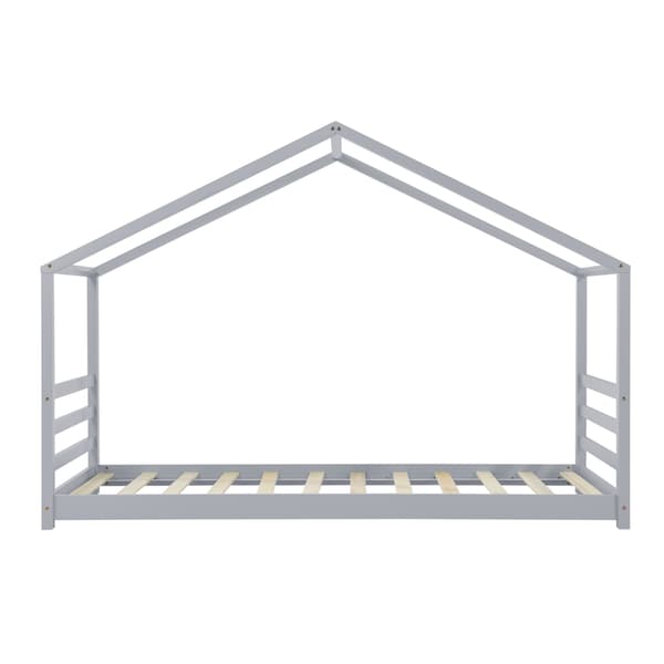 [en.casa]® Barn sängstomme Vardø i "Hus" utförande inkl. ribbotten-206x98x142 cm-furu-grå-bäddmått:200x90cm