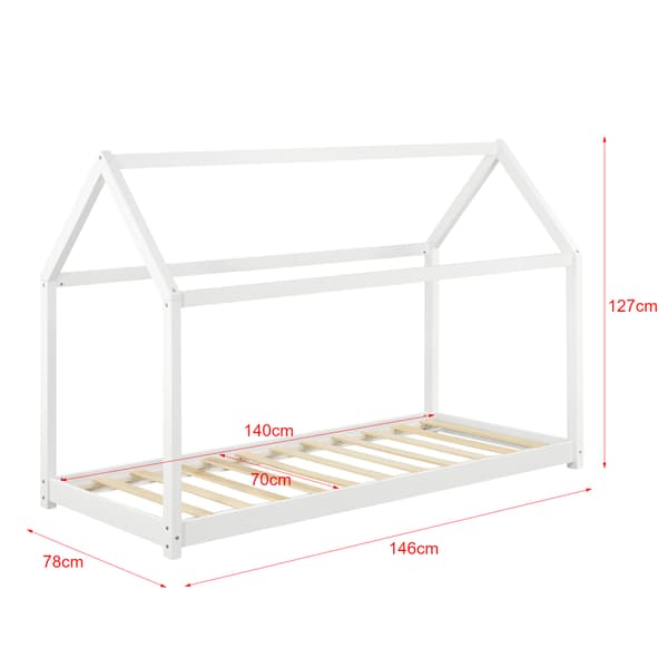 [en.casa]® Barnsäng "Hus" inkl. madrass och ribbotten-146x78x127cm-furu-vit-Bäddmått: 140x70cm-max. belastning: 50 kg