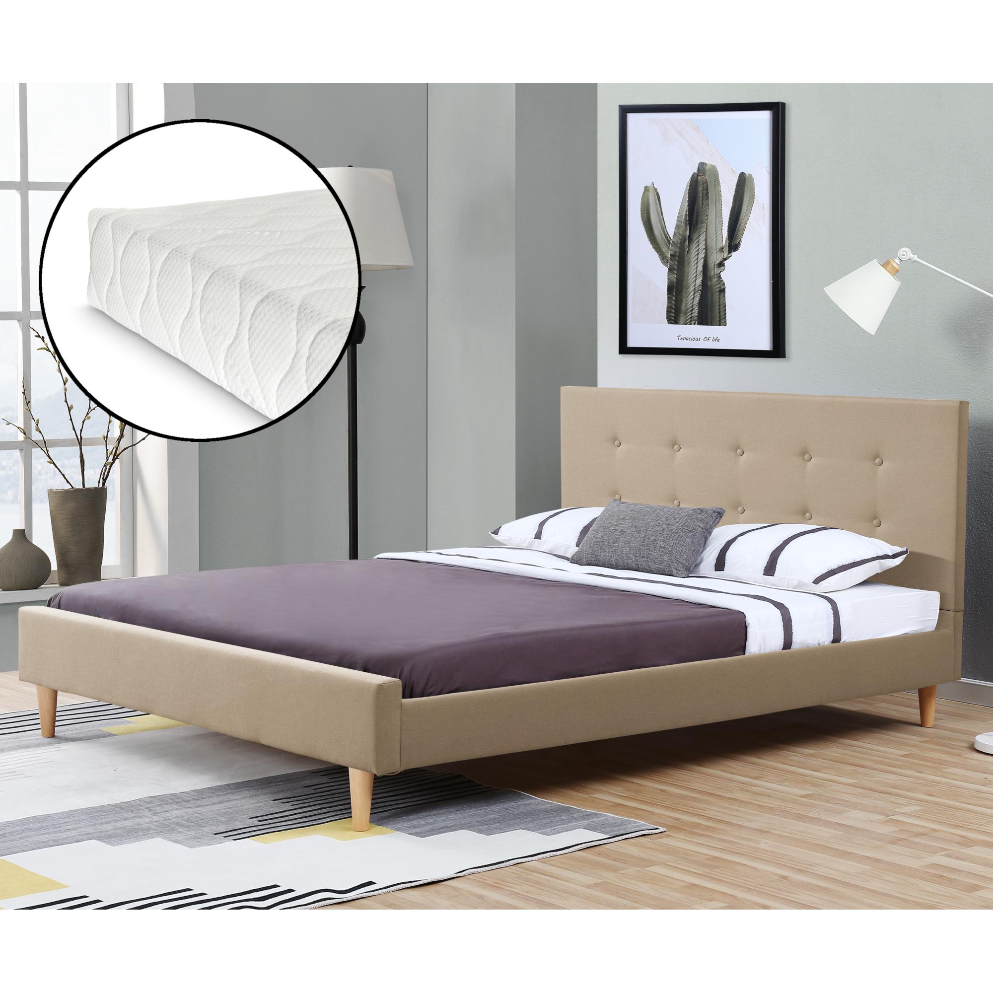 Corium® Klädd sängstomme Estoril inkl. madrass och ribbotten-200x160cm-linne-creme-med dekorativa knappar