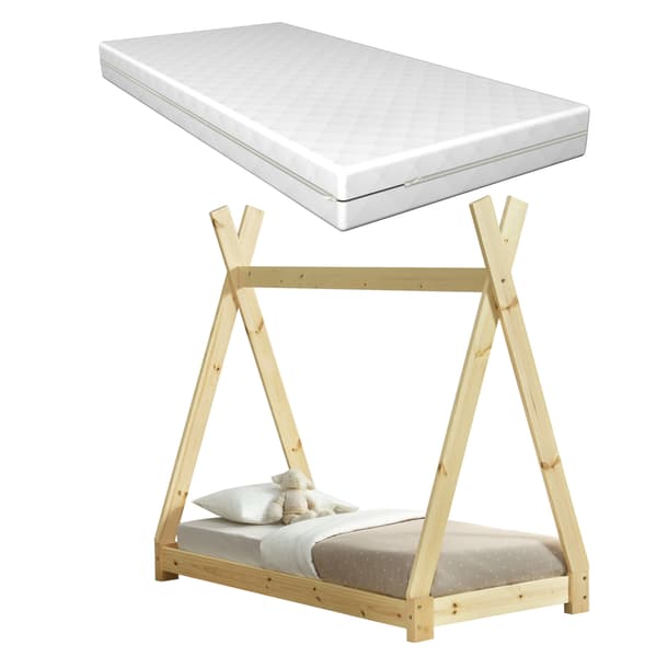 [en.casa]® Barnsäng tipitält inkl. madrass-70x140cm-furu