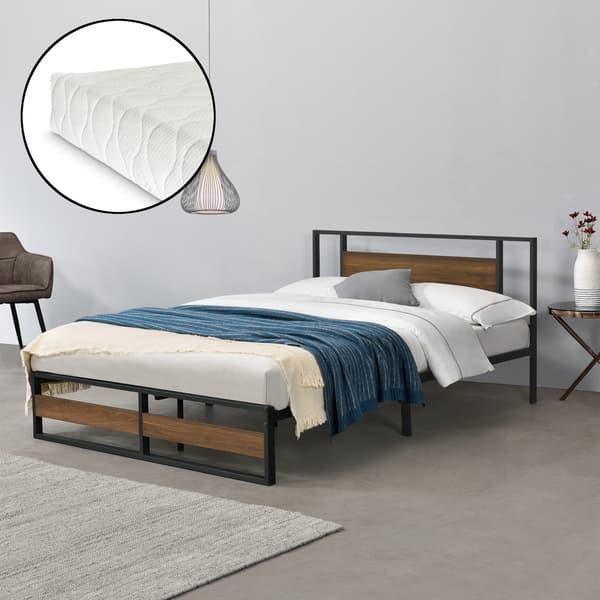 [en.casa]® Sängstomme Villach i metall-200x140cm-svart matt-pulverlackerat stål-spånskiva-träfärgade detaljer