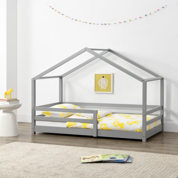 [en.casa]® Barn sängstomme Astrid i "Hus" utförande inkl. ribbotten och-165x87x132cm-furu-ljusgrå-bäddmått:160x80cm