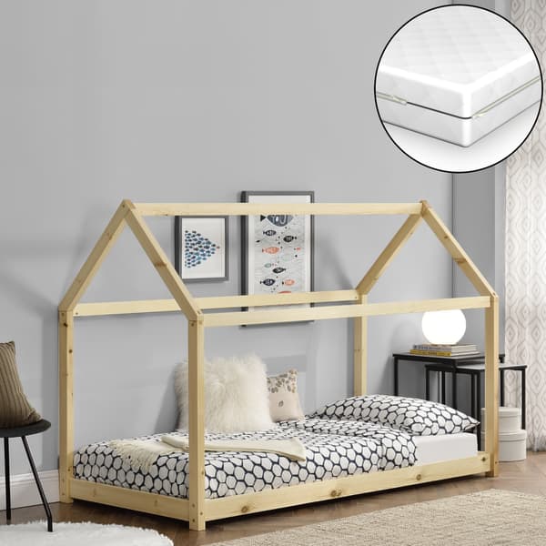 [en.casa]® Barnsäng "Hus" inkl. madrass och ribbotten-166x88x132cm-furu-Bäddmått: 160x80cm-max. belastning: 70 kg