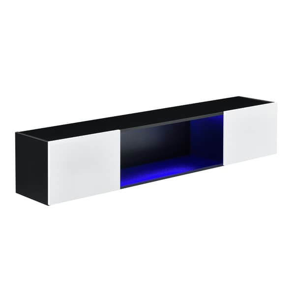 [en.casa]® Väggskåp Thabong med blå LED-150x30x30cm-melaminbelagd spånskiva-svart-vit högglans-max. belastning: 15 kg