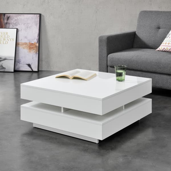 [en.casa] ® Sofabord Hüven-75x75x35,5 cm hvid højglans-4 opbevaringsoverflader-melaminovertrukket spånplade