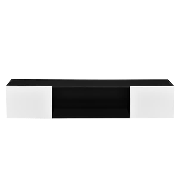 [en.casa]® Väggskåp Thabong med blå LED-150x30x30cm-melaminbelagd spånskiva-svart-vit högglans-max. belastning: 15 kg