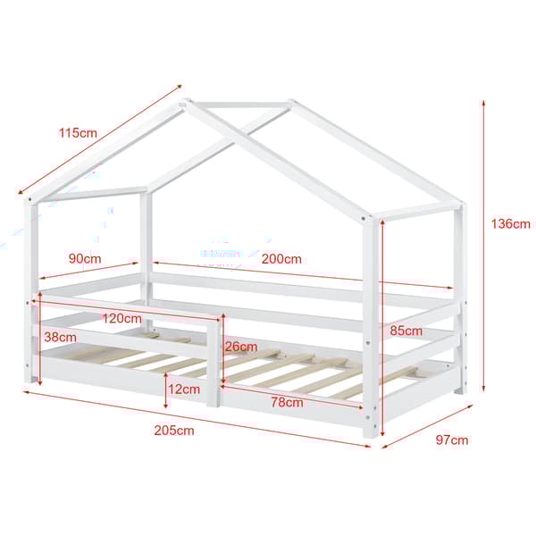 [en.casa]® Barn sängstomme Astrid i "Hus" utförande inkl. ribbotten-205x97x136cm-furu-vit matt (lack)-bäddmått:200x90cm