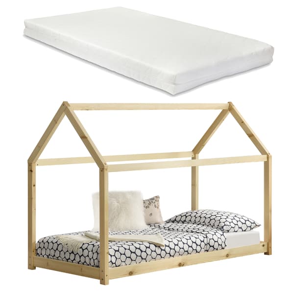 [en.casa]® Barnsäng "Hus" inkl. madrass-90x200cm-furu