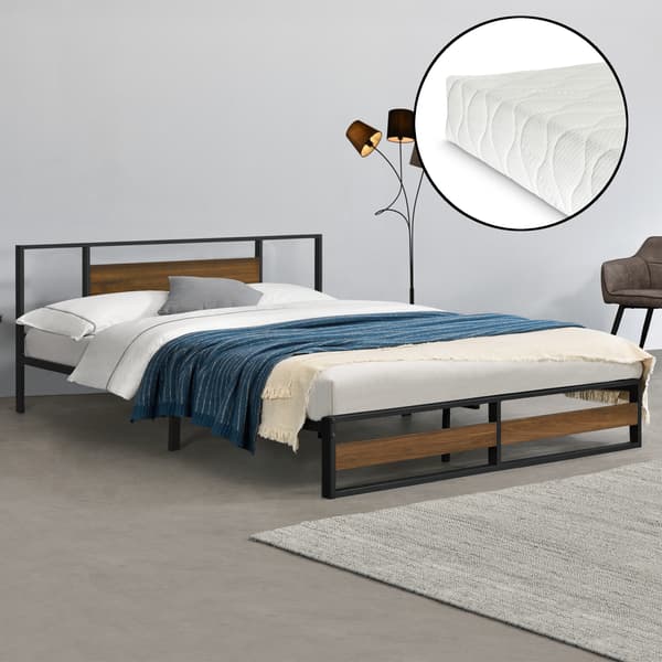 [en.casa]® Sängstomme Villach i metall-200x180cm-svart matt-pulverlackerat stål-spånskiva-träfärgade detaljer