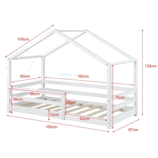 [en.casa]® Barn sängstomme Astrid i "Hus" utförande inkl. ribbotten och-165x87x132cm-furu-vit matt (lack)-bäddmått:160x80cm