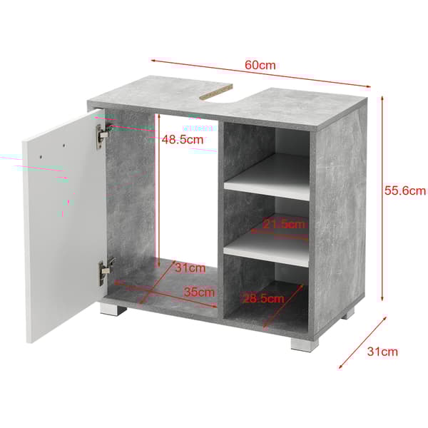 [en.casa]® Tvättställsunderskåp Narvik med dörr och 3 hyllplan-55,6x60x31cm-melaminbelagd spånskiva-betongkänsla-vit