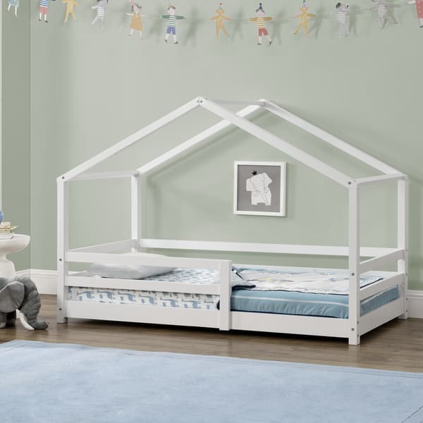 [en.casa]® Barn sängstomme Astrid i "Hus" utförande inkl. ribbotten-145x77x128cm-furu-vit matt (lack)-bäddmått:140x70cm
