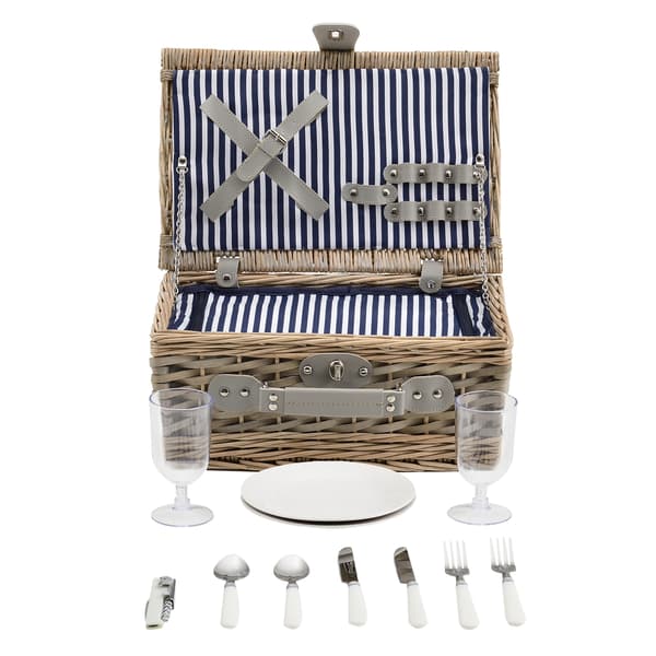 [casa.pro]® Piknik kurv med inkluderet køleboks, tallerkener og bestik - 38x25x16cm - sæt for 2 personer - blå/hvid