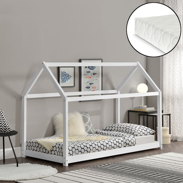 [en.casa]® Barnsäng "Hus" inkl. madrass-90x200cm-furu-vit matt
