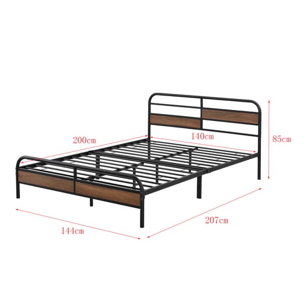 [en.casa]®Sängstomme Aarau i metall inkl. madrass och ribbotten-Bäddmått:200x140cm-Total:207x144x85cm-pulverlackerat stål-spånskiva-svart matt-träfärgade detaljer