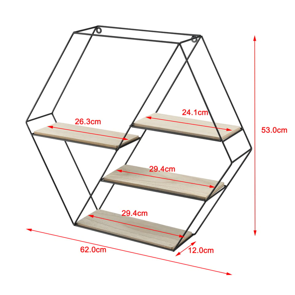 [en.casa] Sekskantet Væghylde - 4 hylder - 62x12x53cm - metal - træ - sort